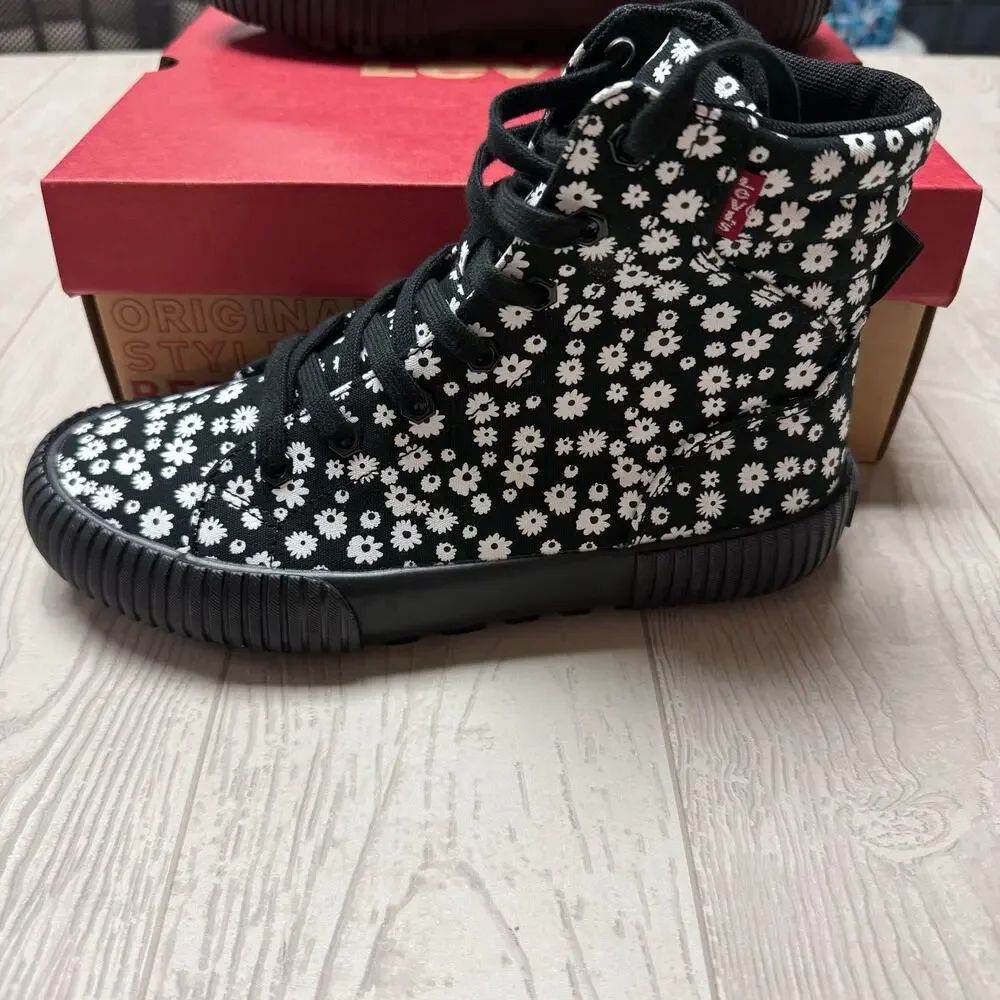 Levi’s Kids High Top Sneakers Size 5.5 Black White Floral Canvas Lace Up Shoes